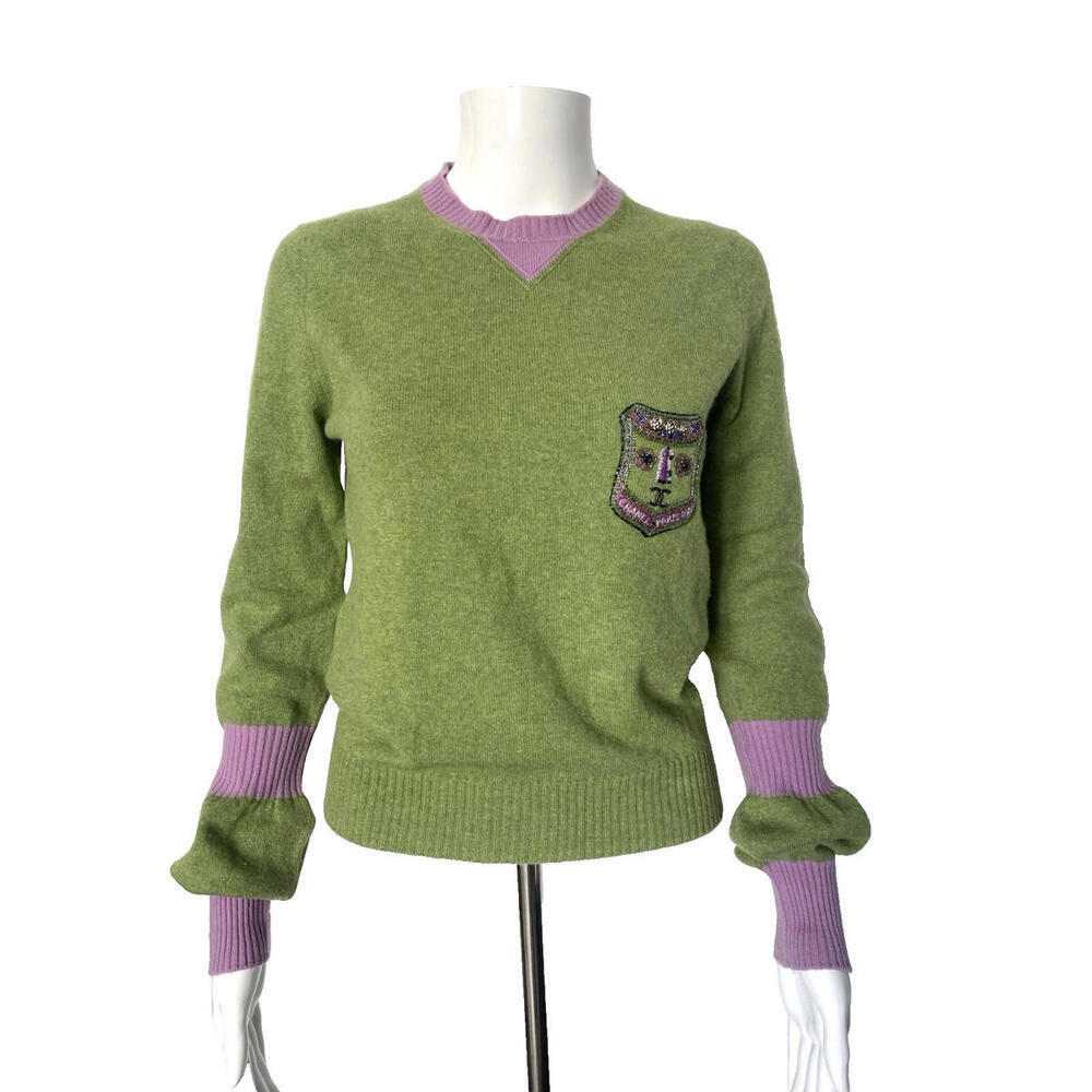 Vintage 2007 Chanel 07A Green Purple Sweater FR-36 Embroidered CC Crest Cashmere - Picture 4 of 9